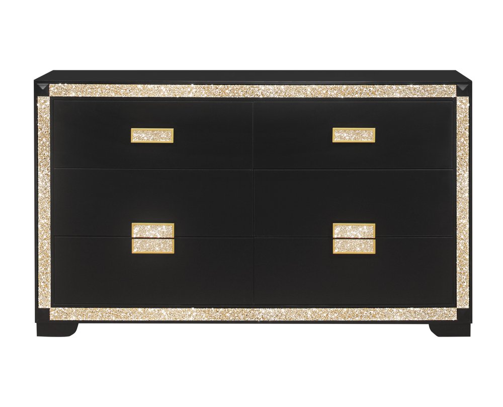 Black and Gold Faux Crystal Bling Wood Six Drawer Double Dresser - 62-inch