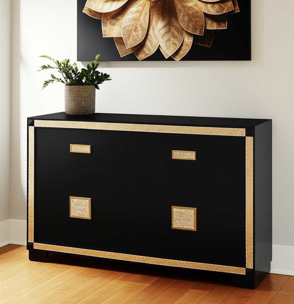 Black and Gold Faux Crystal Bling Wood Six Drawer Double Dresser - 62-inch