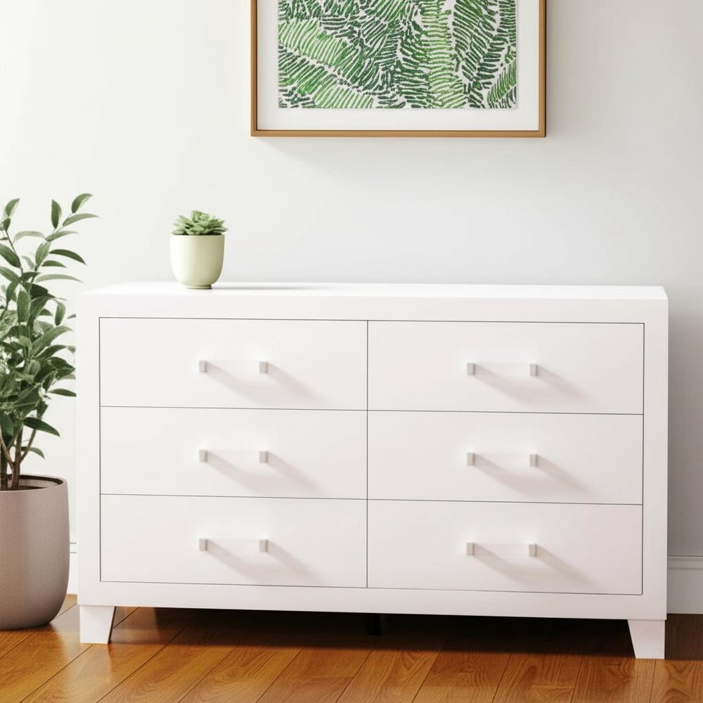 White Wood Six Drawer Double Dresser - 58-inch