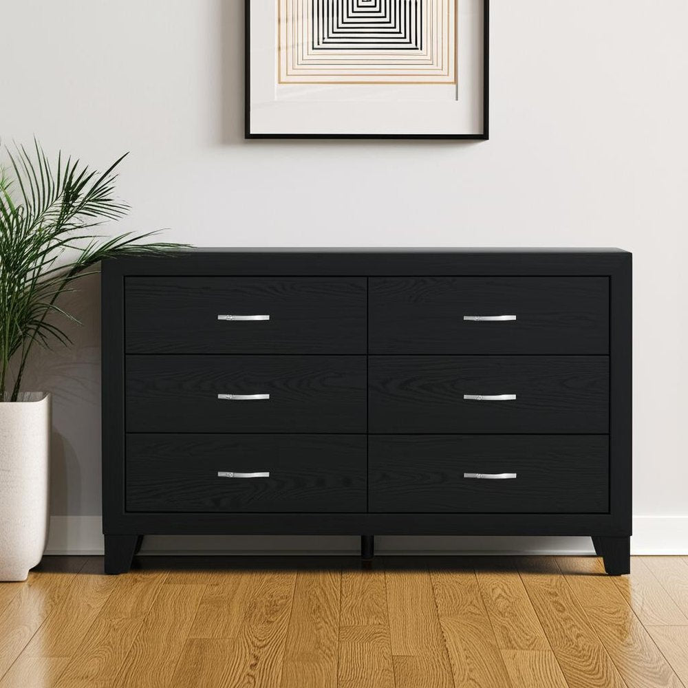 Black Wood Six Drawer Double Dresser - 58-inch