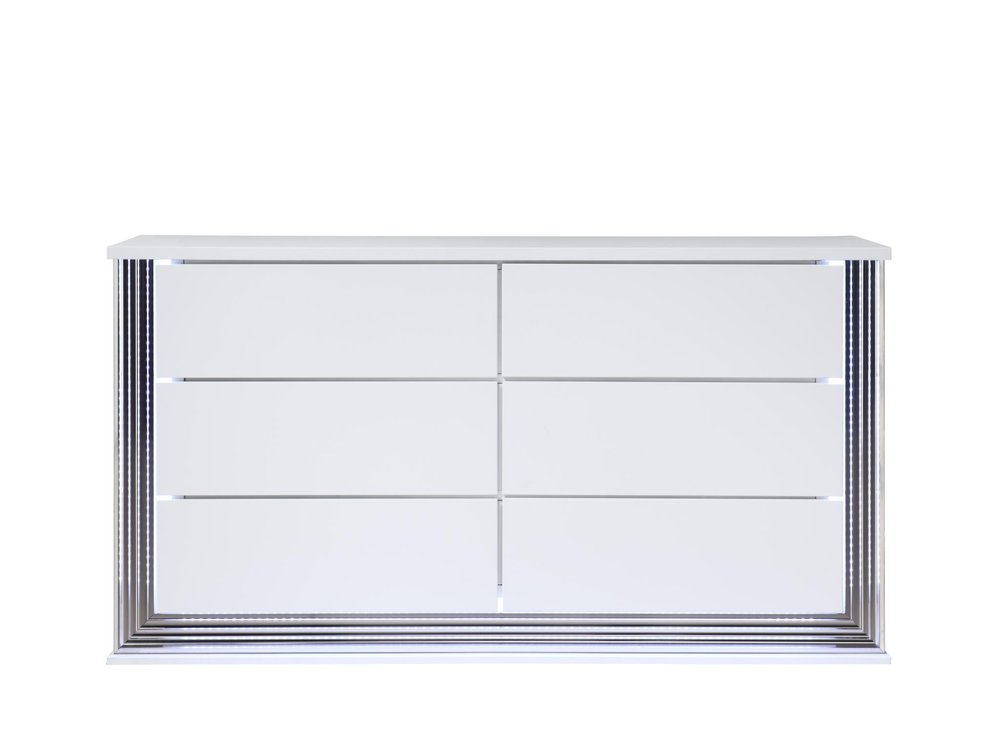 White Wood Lighted Six Drawer Double Dresser - 61-inch