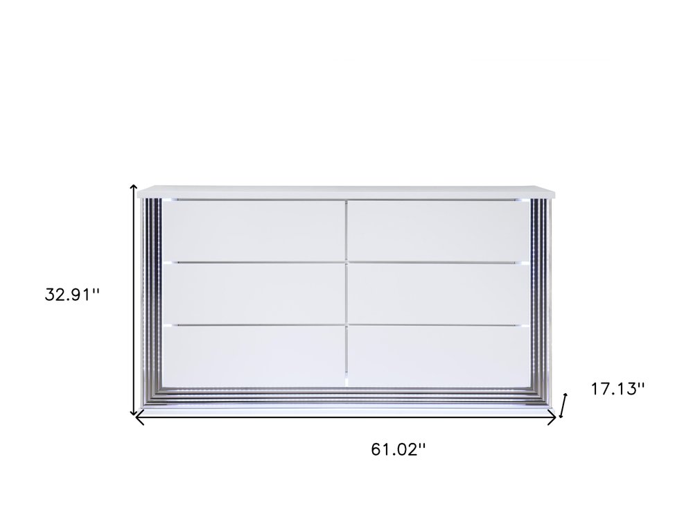 White Wood Lighted Six Drawer Double Dresser - 61-inch