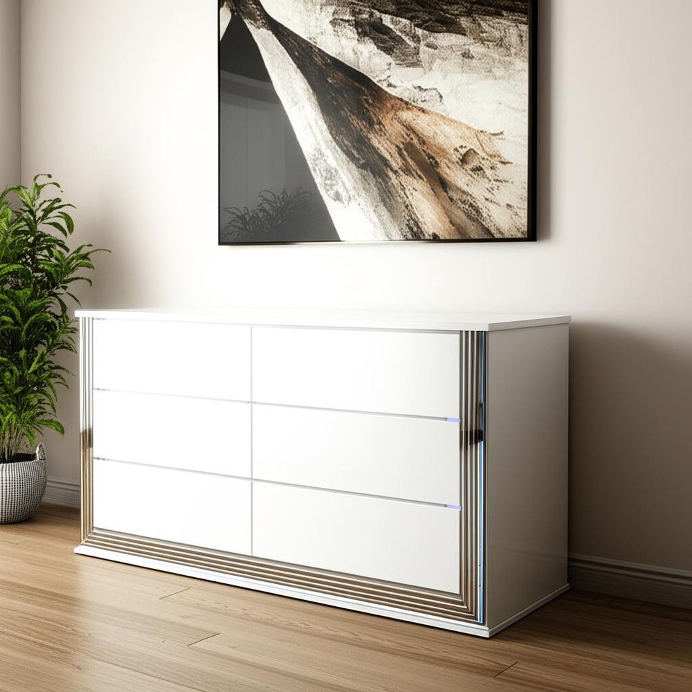 White Wood Lighted Six Drawer Double Dresser - 61-inch