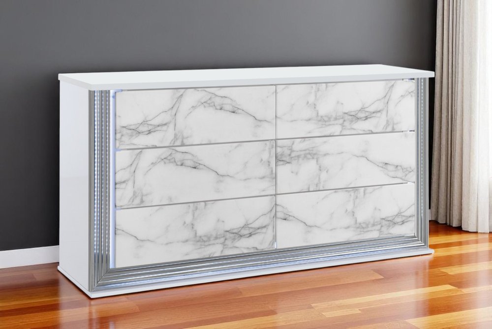 White Faux Marble and Wood Lighted Six Drawer Double Dresser - 61-inch