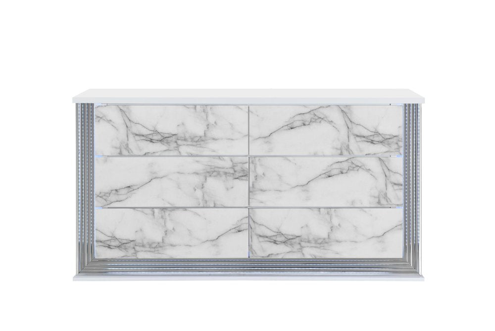 White Faux Marble and Wood Lighted Six Drawer Double Dresser - 61-inch