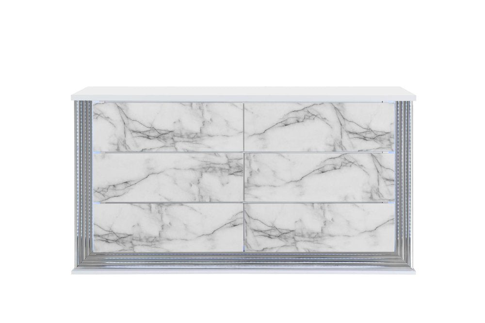 White Faux Marble and Wood Lighted Six Drawer Double Dresser - 61-inch