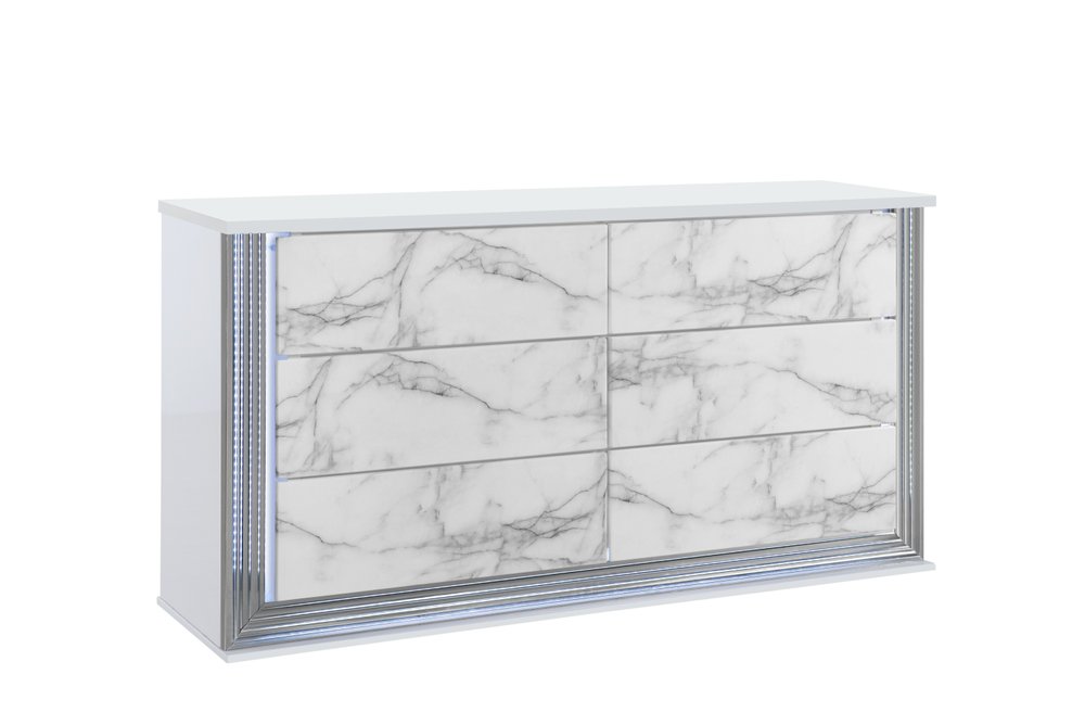 White Faux Marble and Wood Lighted Six Drawer Double Dresser - 61-inch