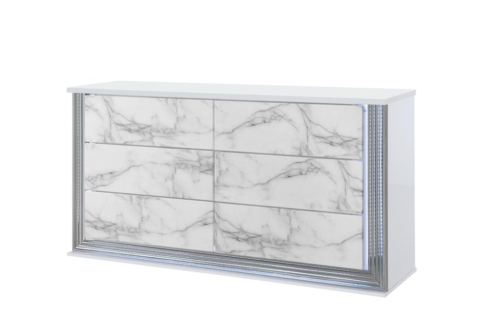White Faux Marble and Wood Lighted Six Drawer Double Dresser - 61-inch