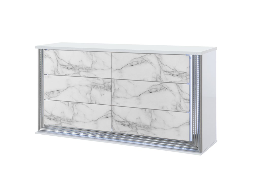 White Faux Marble and Wood Lighted Six Drawer Double Dresser - 61-inch