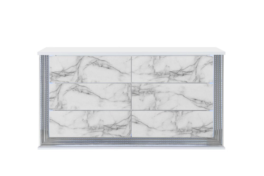 White Faux Marble and Wood Lighted Six Drawer Double Dresser - 61-inch