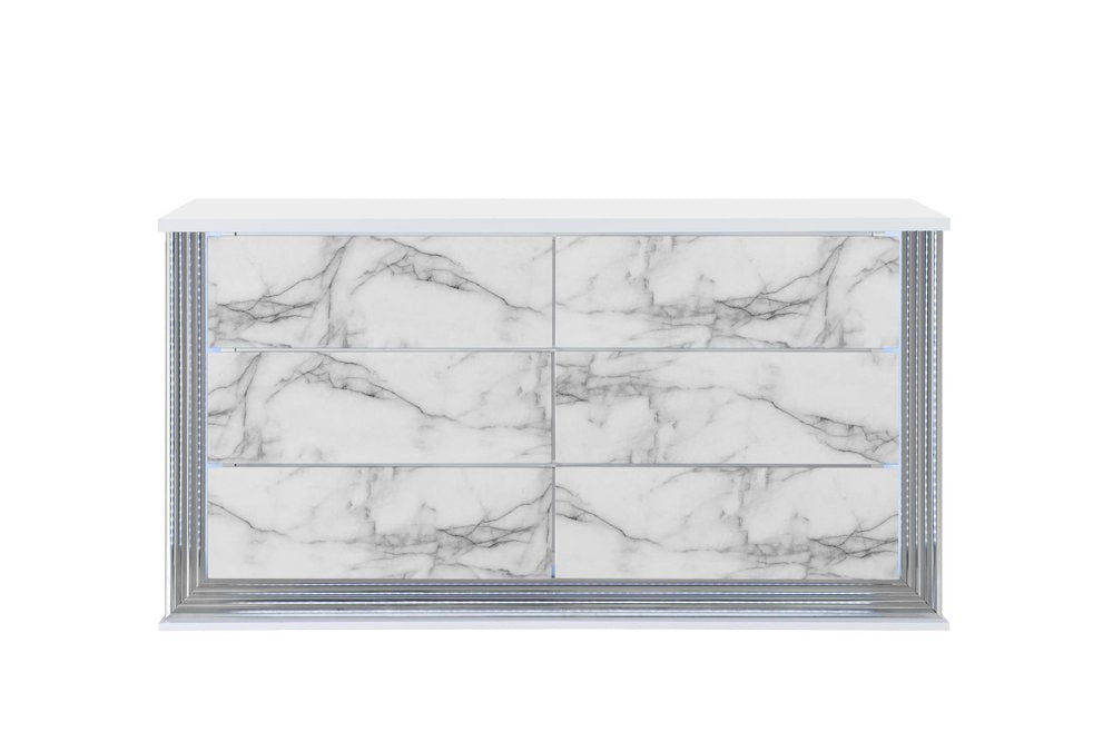 White Faux Marble and Wood Lighted Six Drawer Double Dresser - 61-inch