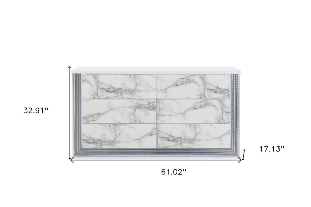White Faux Marble and Wood Lighted Six Drawer Double Dresser - 61-inch