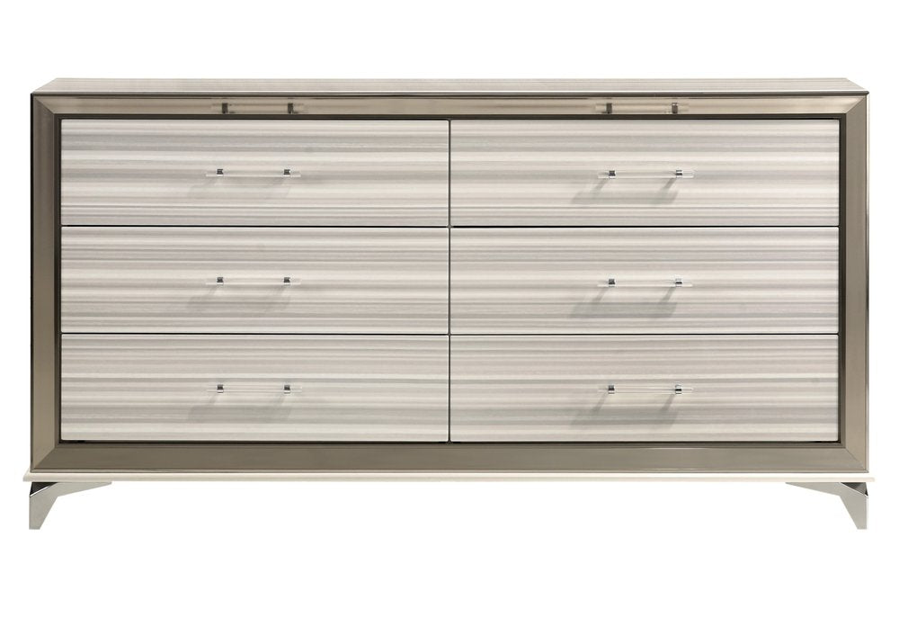 White and Silver Wood Six Drawer Double Dresser - 64-inch