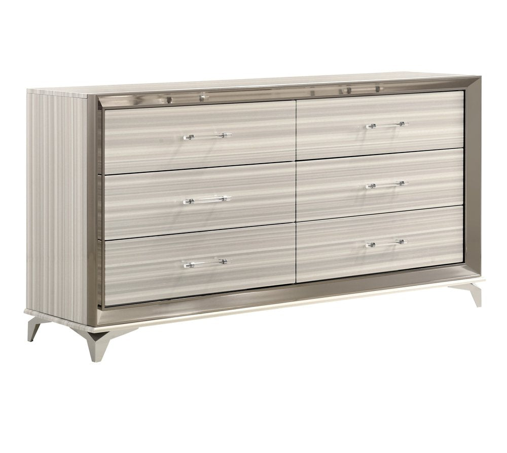 White and Silver Wood Six Drawer Double Dresser - 64-inch