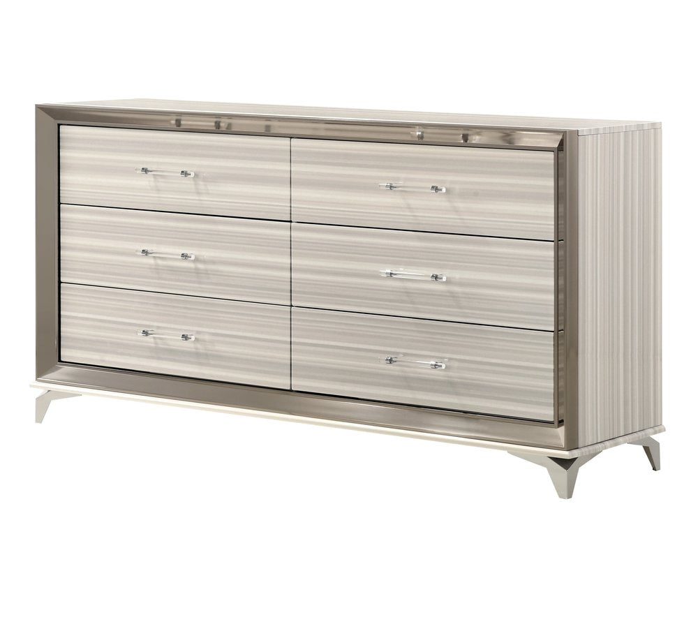White and Silver Wood Six Drawer Double Dresser - 64-inch