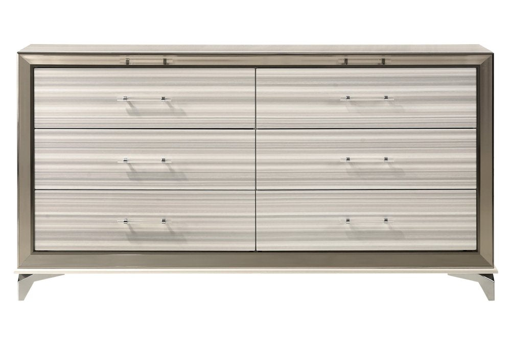 White and Silver Wood Six Drawer Double Dresser - 64-inch
