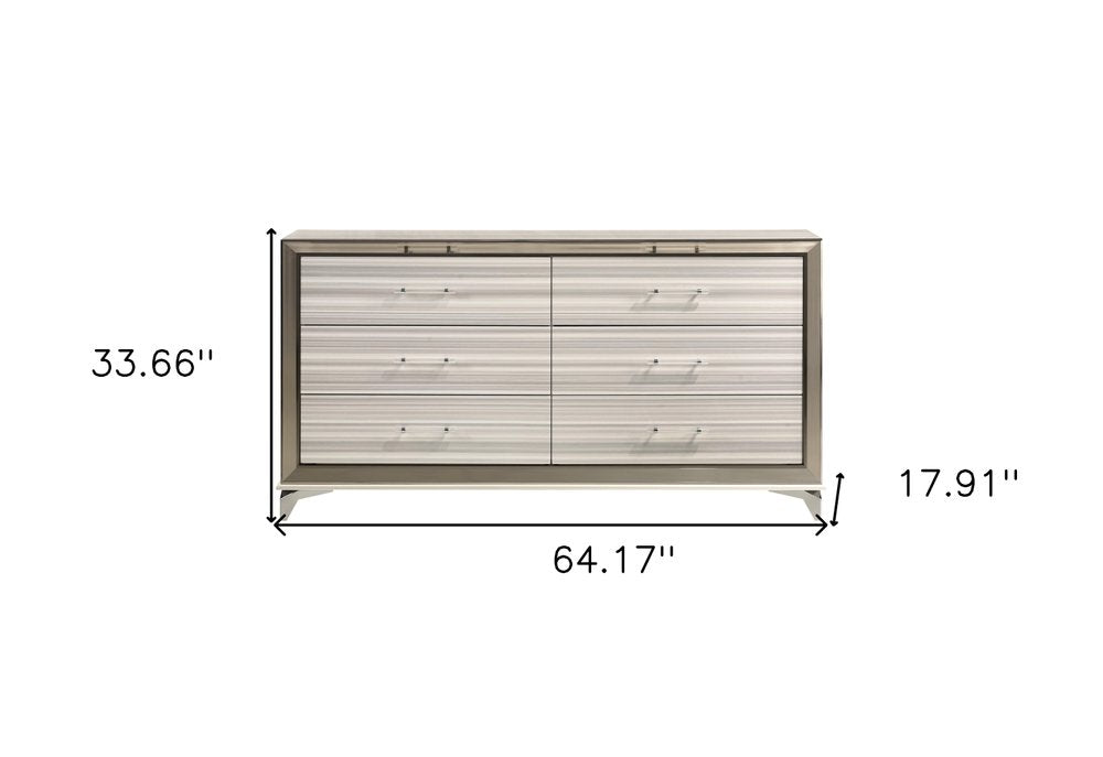 White and Silver Wood Six Drawer Double Dresser - 64-inch