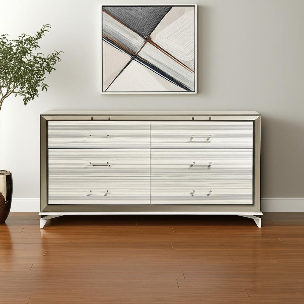 White and Silver Wood Six Drawer Double Dresser - 64-inch