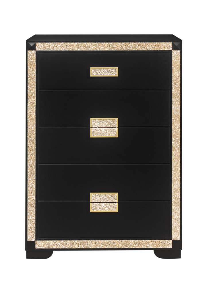 Black and Gold Faux Crystal Bling Wood Six Drawer Dresser - 48-inch