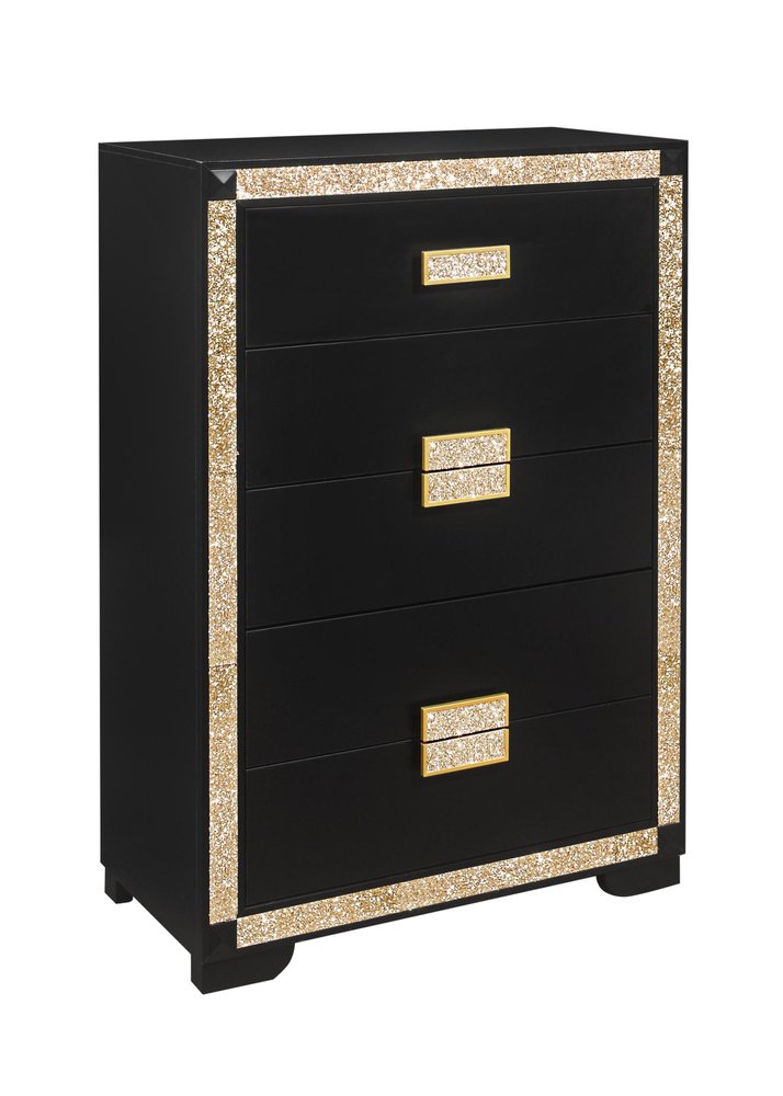 Black and Gold Faux Crystal Bling Wood Six Drawer Dresser - 48-inch