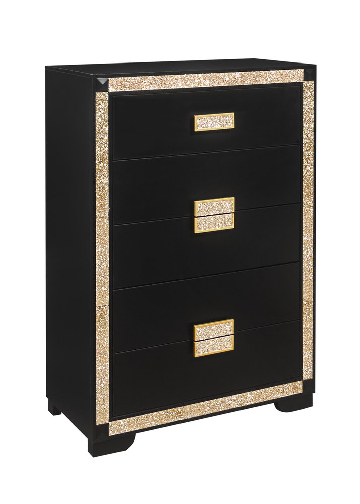Black and Gold Faux Crystal Bling Wood Six Drawer Dresser - 48-inch