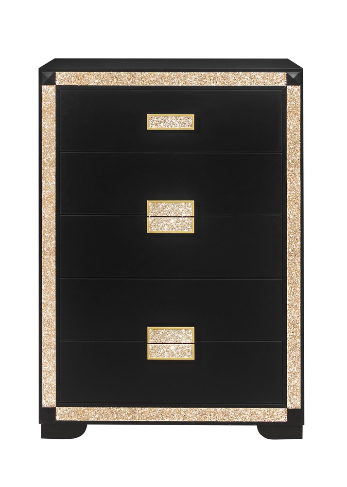 Black and Gold Faux Crystal Bling Wood Six Drawer Dresser - 48-inch