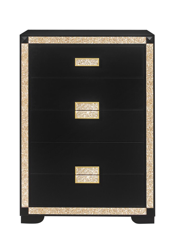 Black and Gold Faux Crystal Bling Wood Six Drawer Dresser - 48-inch