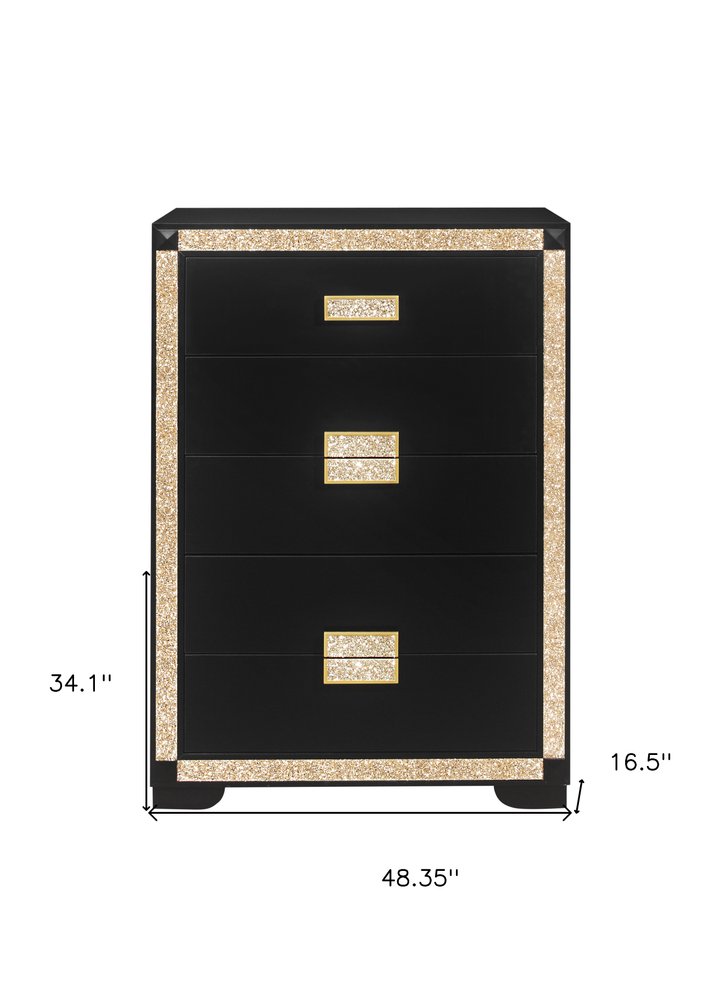 Black and Gold Faux Crystal Bling Wood Six Drawer Dresser - 48-inch