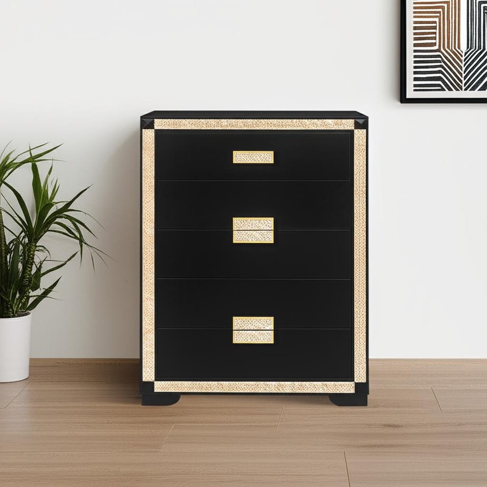 Black and Gold Faux Crystal Bling Wood Six Drawer Dresser - 48-inch