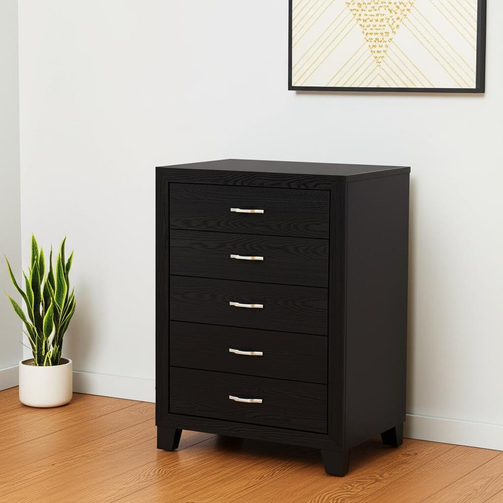 Black Wood Five Drawer Dresser - 49-inch