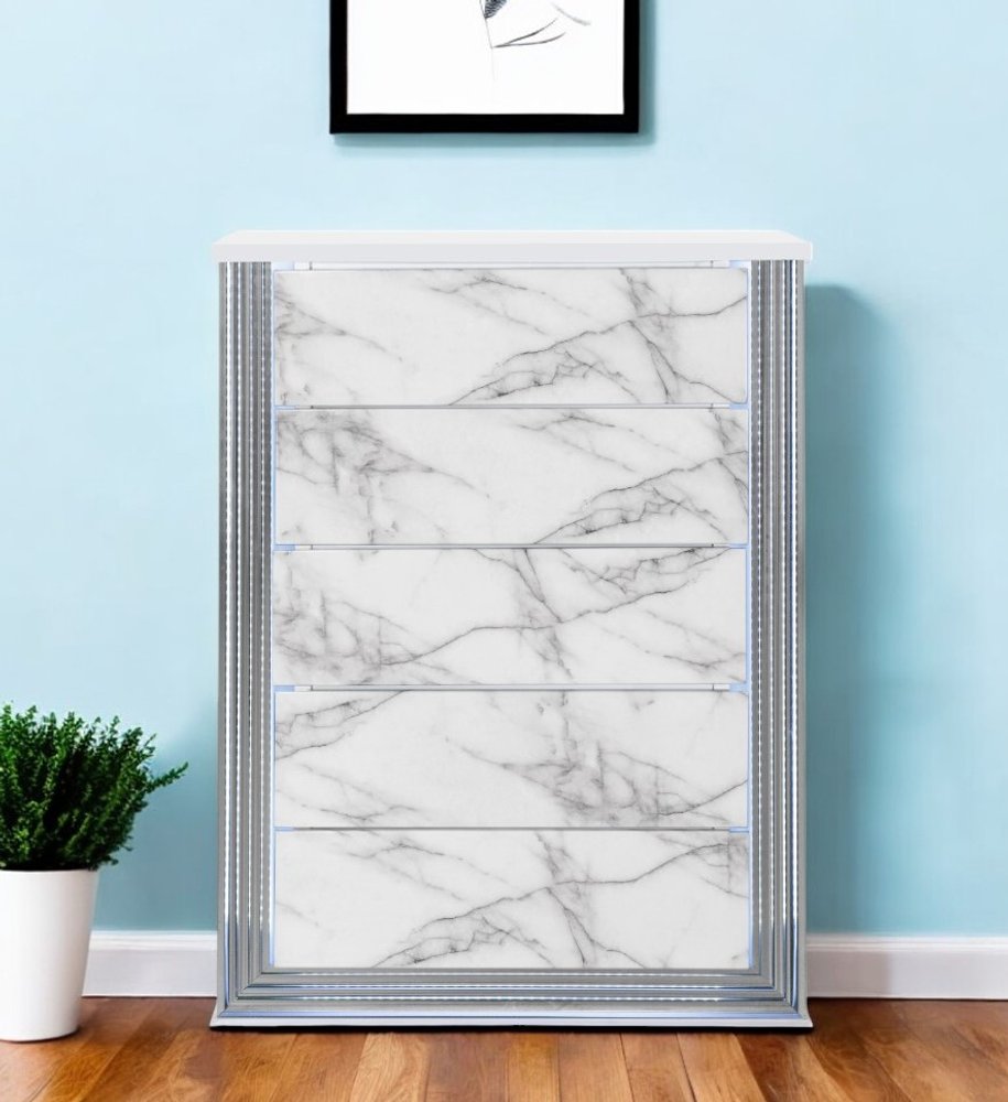 Silver and White Wood Faux Marble Lighted Five Drawer Dresser - 49-inch