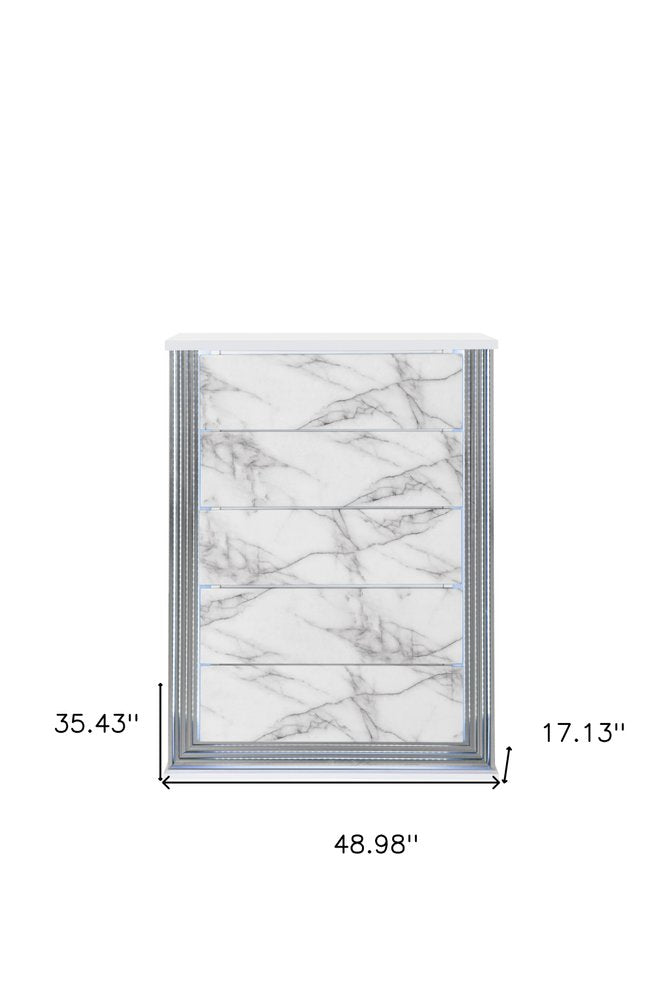 Silver and White Wood Faux Marble Lighted Five Drawer Dresser - 49-inch