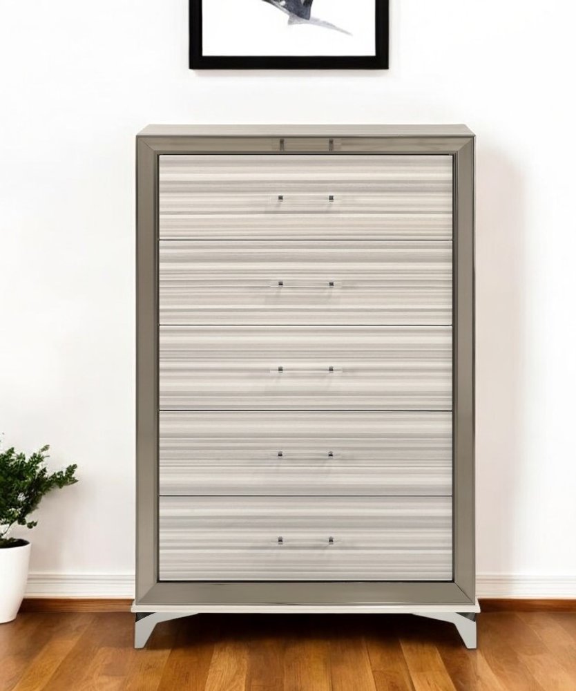 Beige and White Wood Lighted Five Drawer Dresser - 53-inch