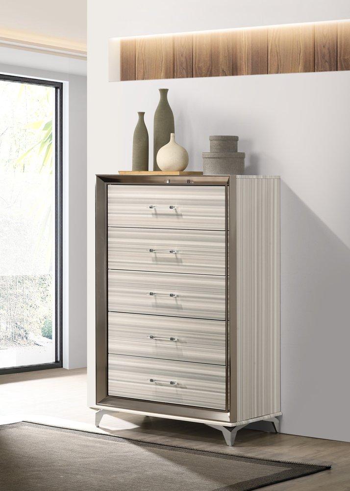 Beige and White Wood Lighted Five Drawer Dresser - 53-inch
