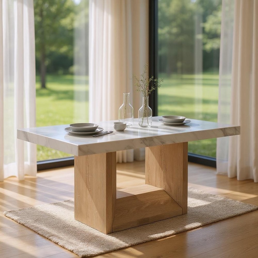 White and Natural Faux Marble and Wood Pedestal Base Dining Table - 70-inch