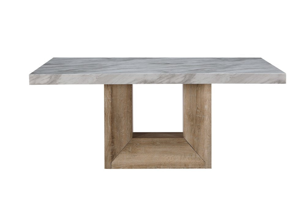 White and Natural Faux Marble and Wood Pedestal Base Dining Table - 70-inch
