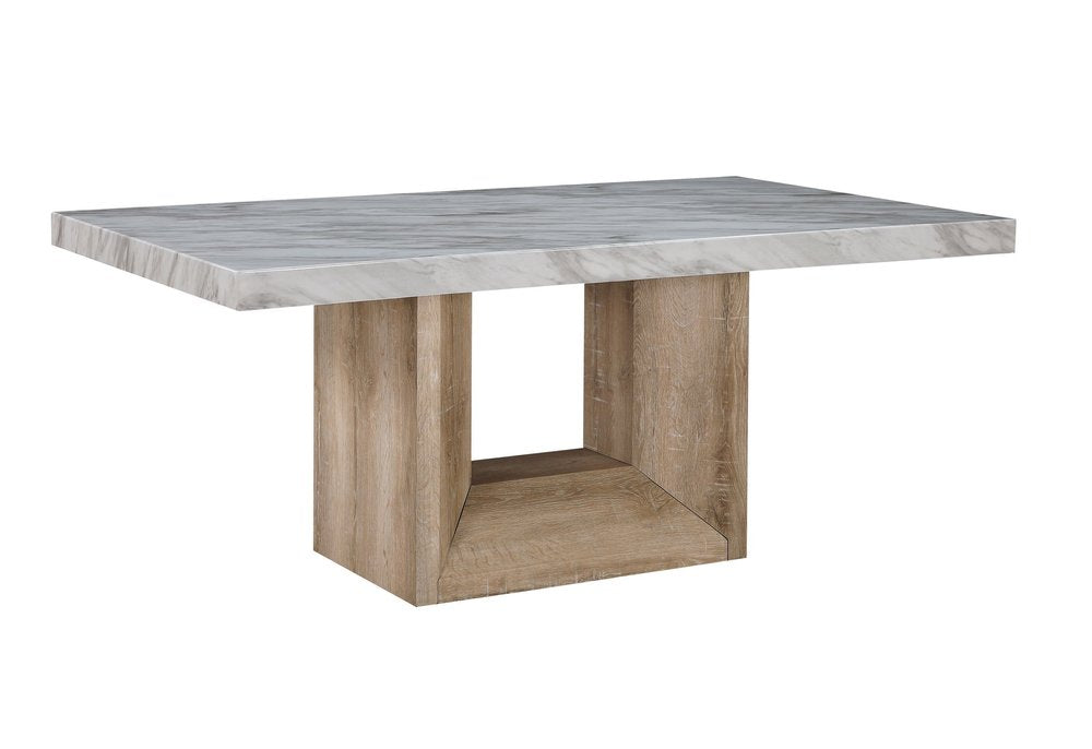 White and Natural Faux Marble and Wood Pedestal Base Dining Table - 70-inch