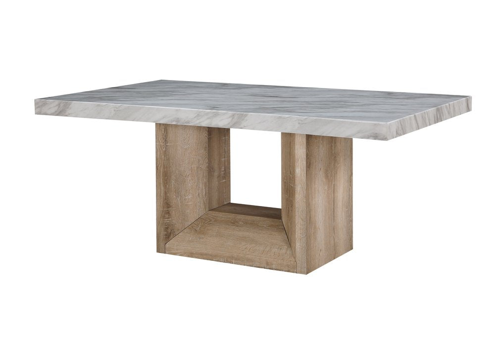 White and Natural Faux Marble and Wood Pedestal Base Dining Table - 70-inch