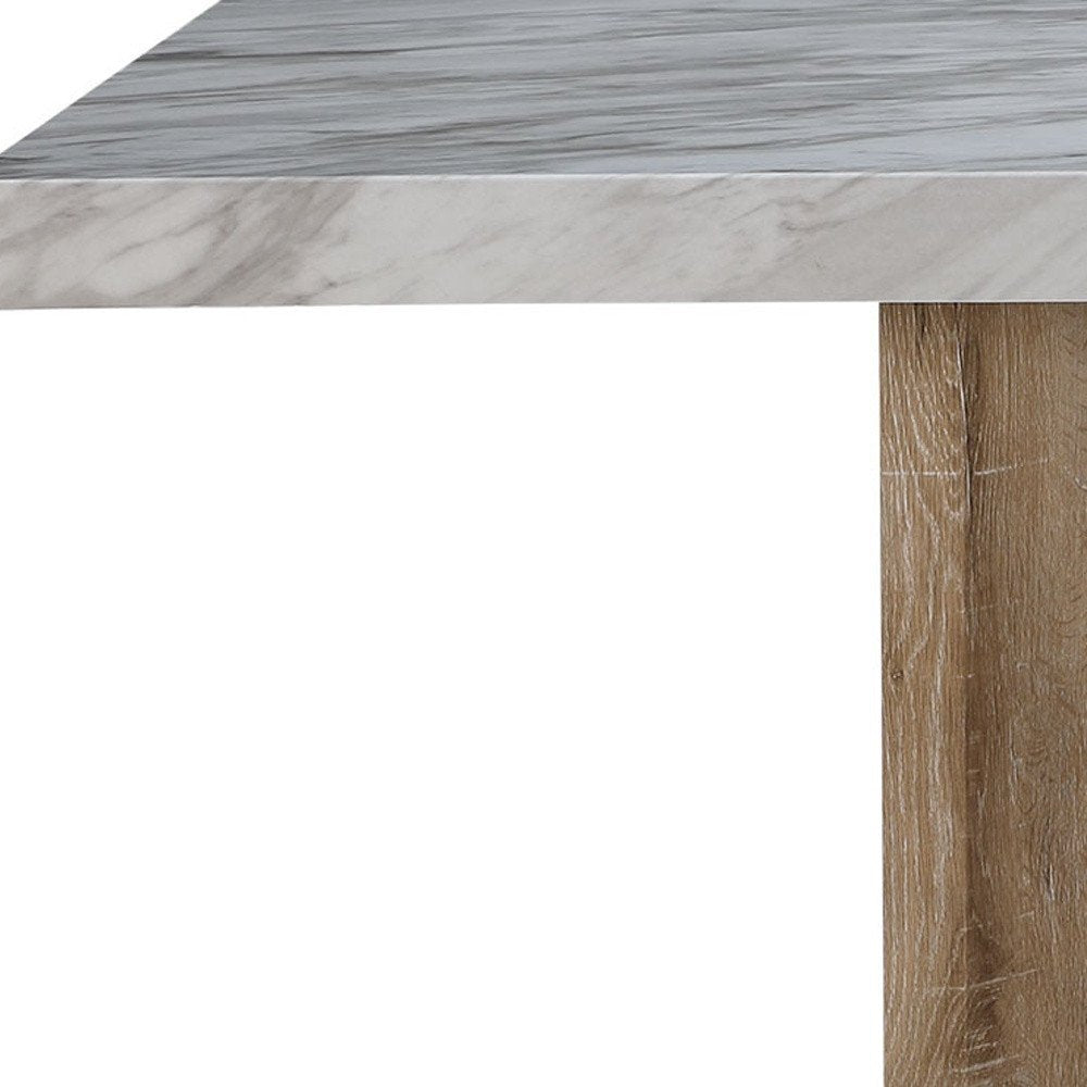 White and Natural Faux Marble and Wood Pedestal Base Dining Table - 70-inch
