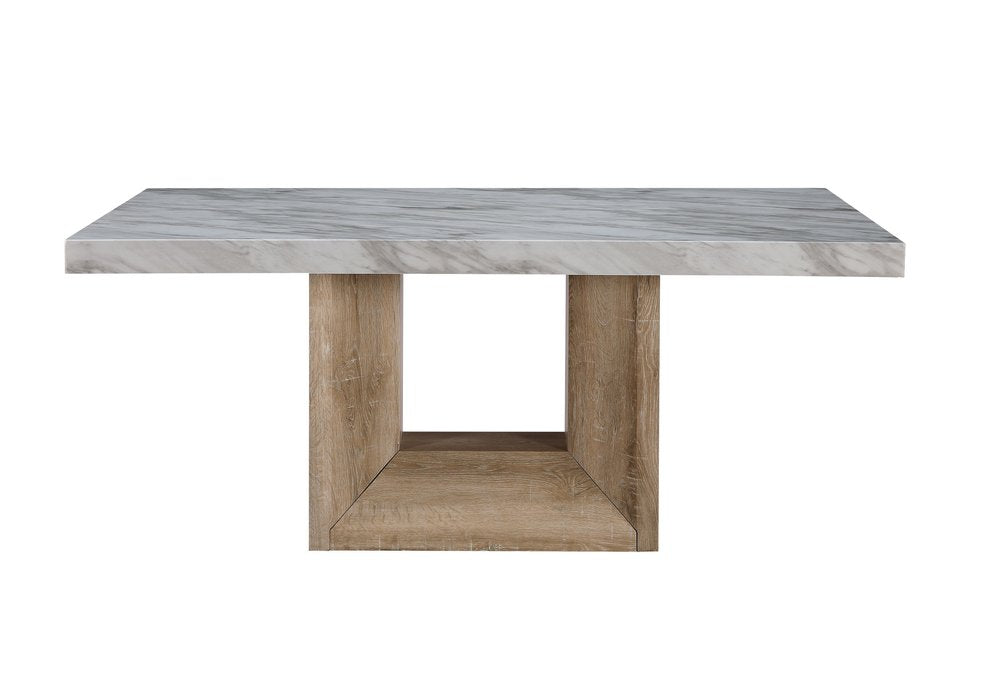 White and Natural Faux Marble and Wood Pedestal Base Dining Table - 70-inch