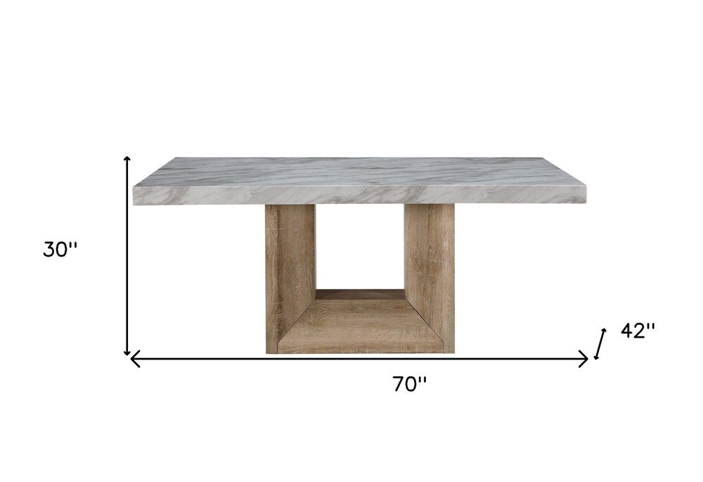 White and Natural Faux Marble and Wood Pedestal Base Dining Table - 70-inch