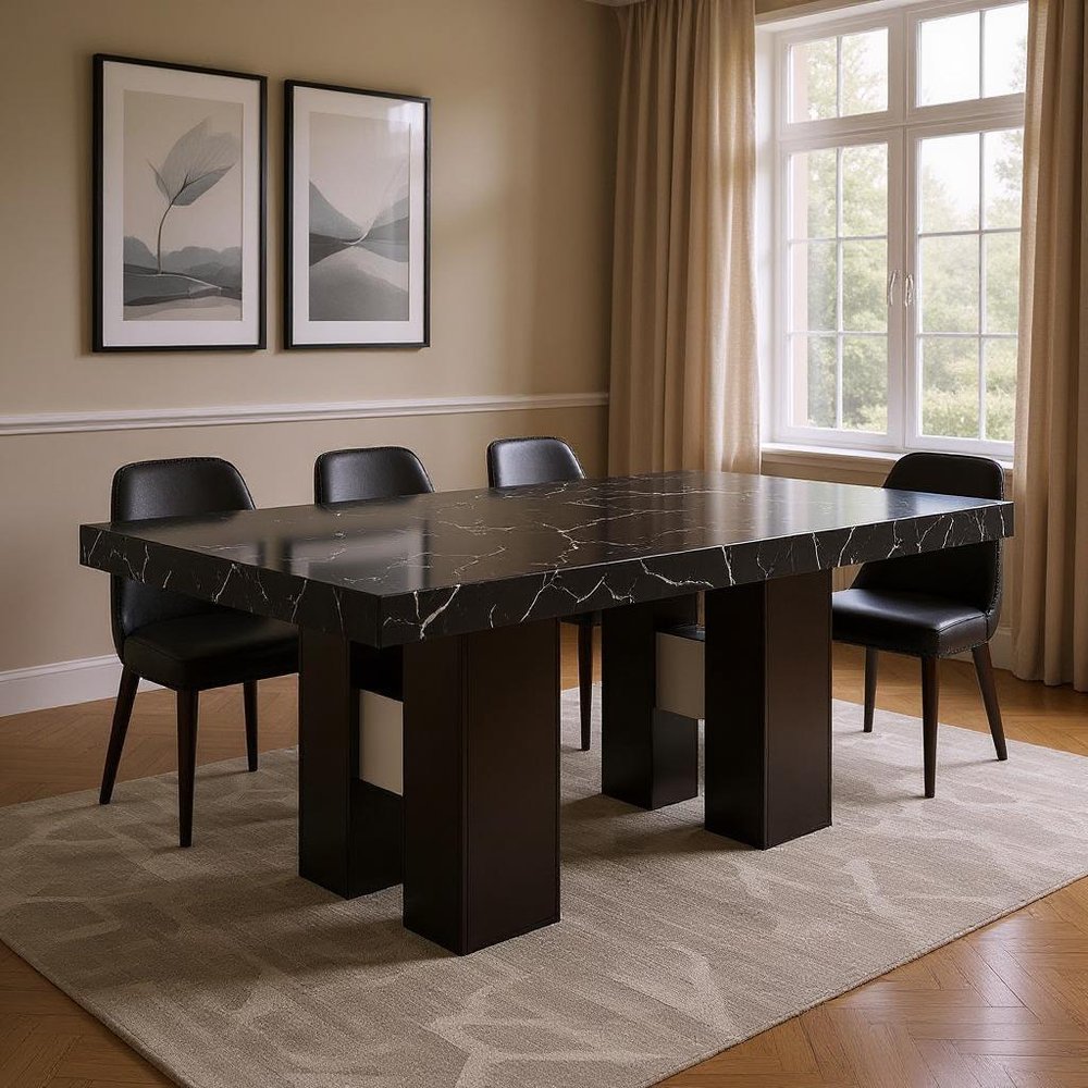 Black Faux Marble and Wood Double Pedestal Base Dining Table - 70-inch