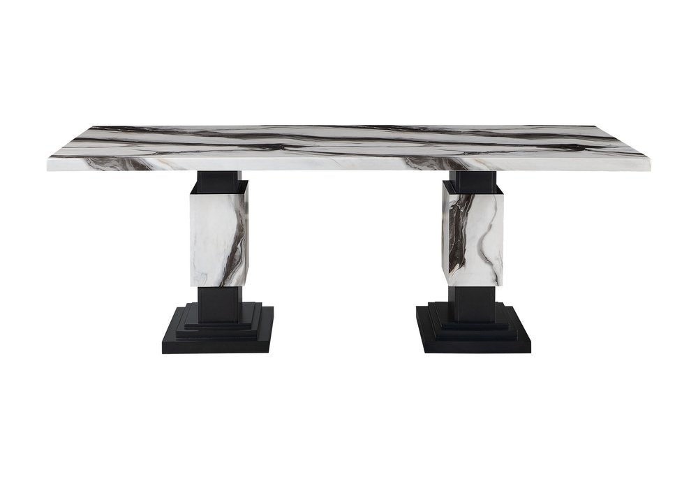 Black and White Faux Marble and Wood Double Pedestal Base Dining Table - 82-inch