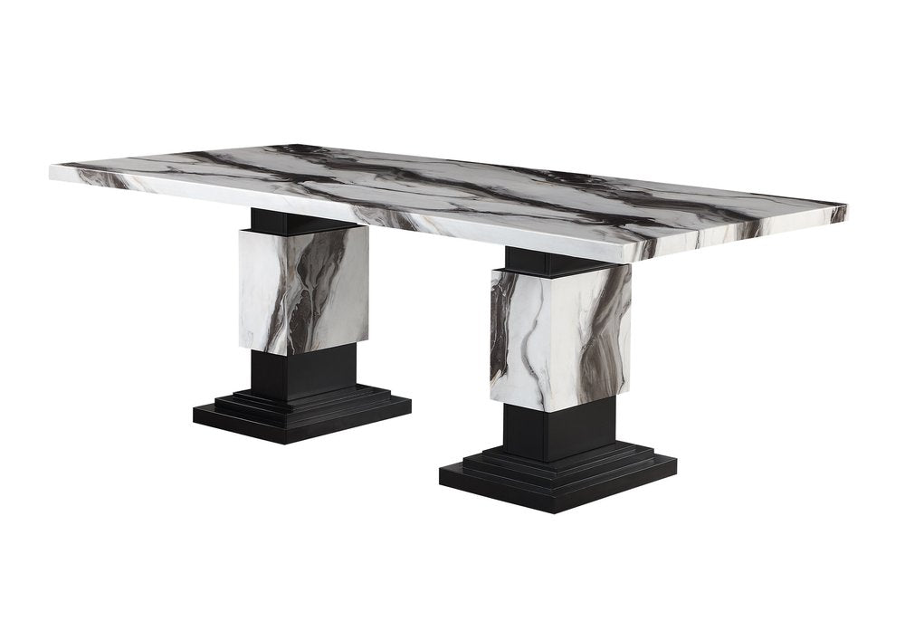 Black and White Faux Marble and Wood Double Pedestal Base Dining Table - 82-inch