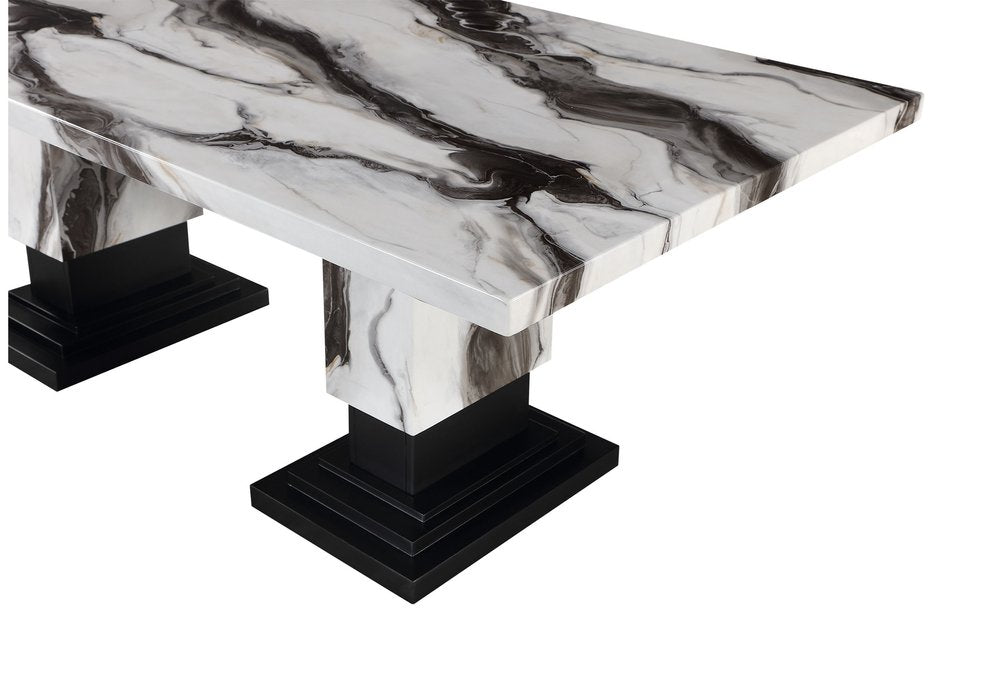Black and White Faux Marble and Wood Double Pedestal Base Dining Table - 82-inch
