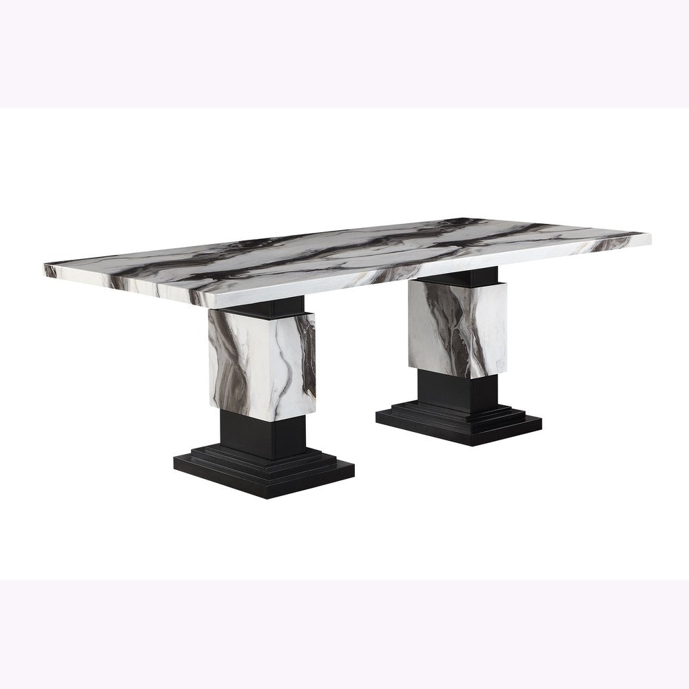 Black and White Faux Marble and Wood Double Pedestal Base Dining Table - 82-inch