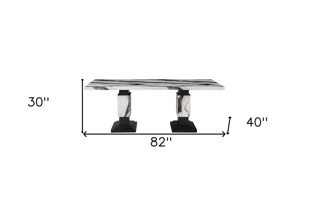 Black and White Faux Marble and Wood Double Pedestal Base Dining Table - 82-inch