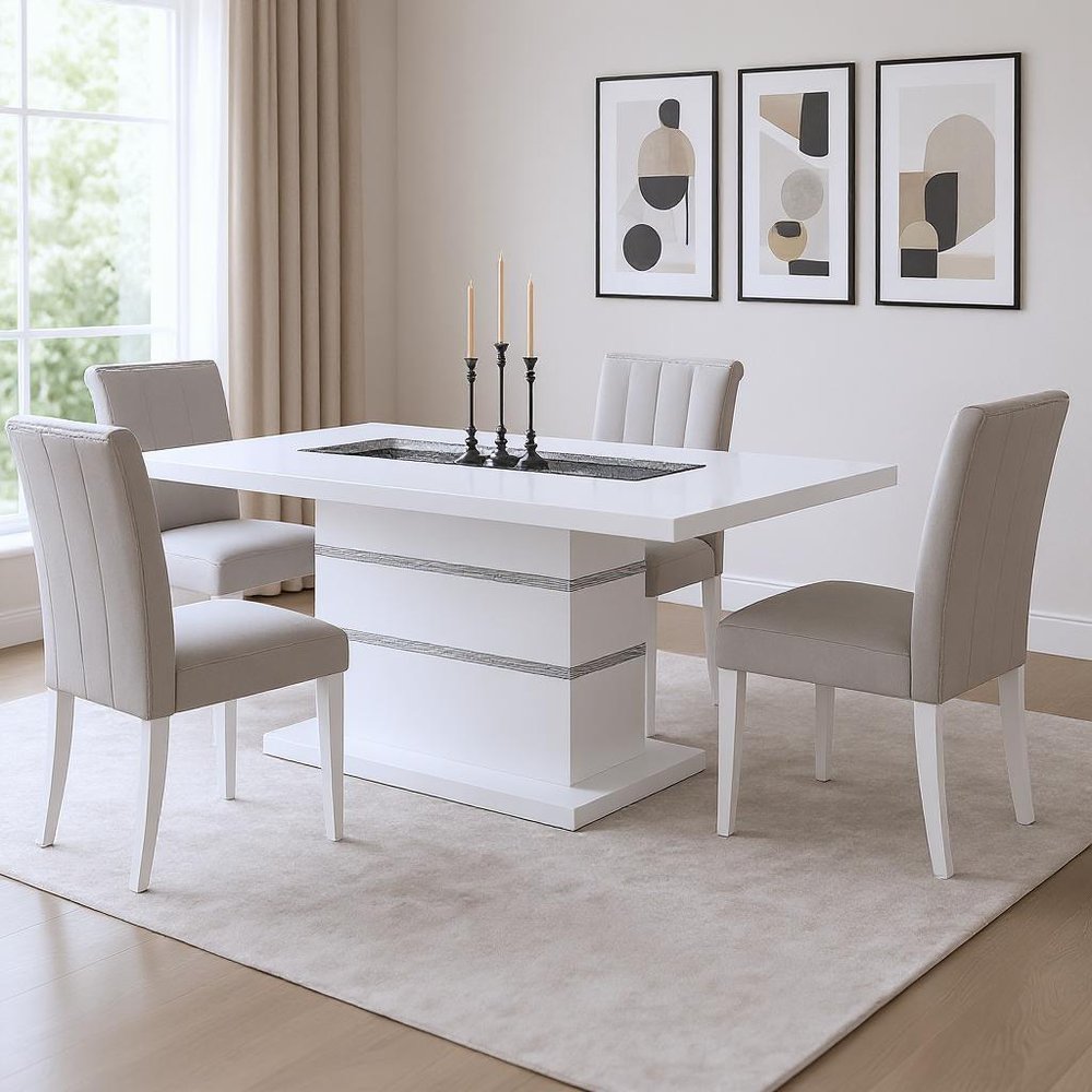 White Faux Crystals Glass and Wood Pedestal Base Dining Table - 79-inch