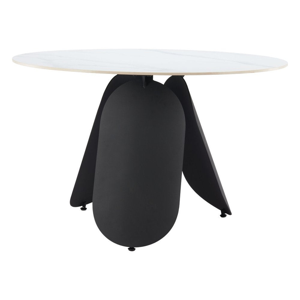 White and Black Faux Marble and Steel Pedestal Base Round Top Dining Table