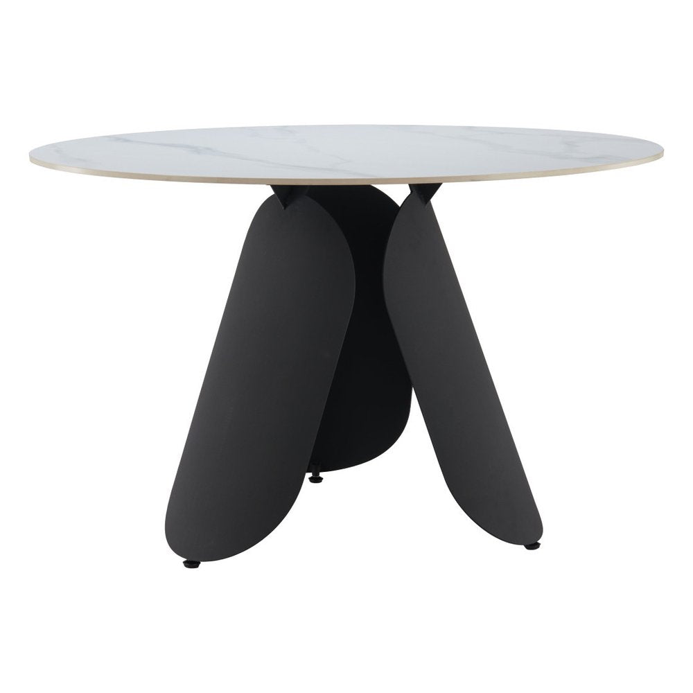 White and Black Faux Marble and Steel Pedestal Base Round Top Dining Table